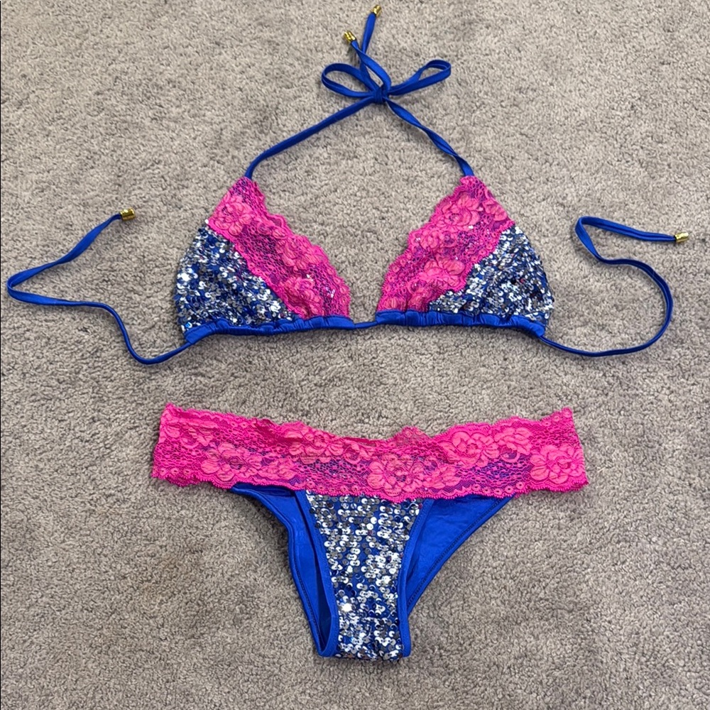 NWOT Beach Bunny Blue and Pink Sequin Lady Lace Bikini Set